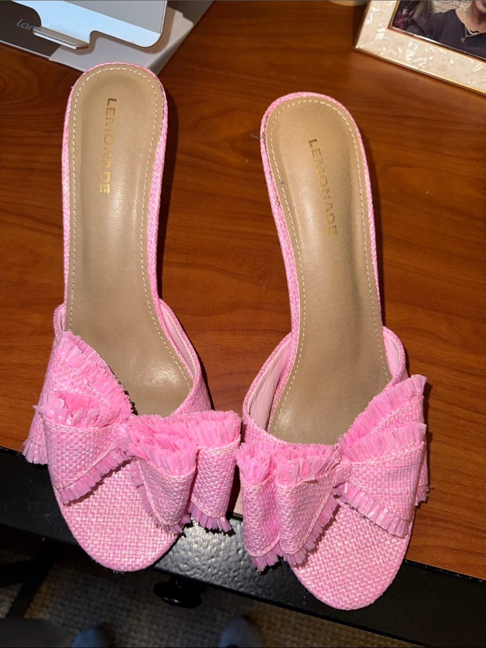 Lemon pink frayed bow slide mules